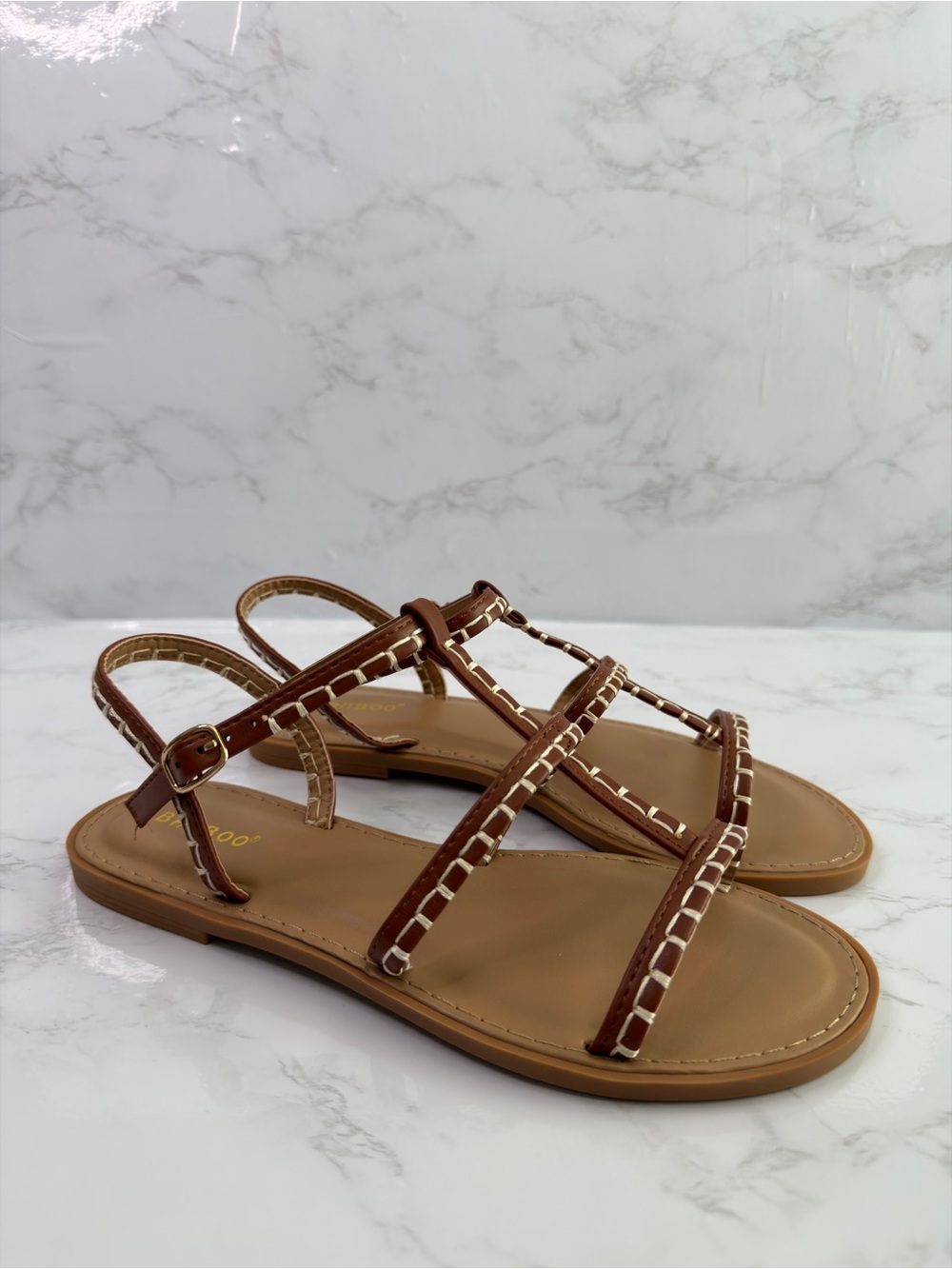 BAMBOO Brown T-Strap Stitched Gladiator Sandals